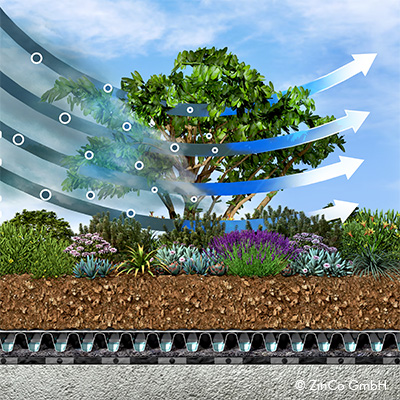 Zeichnung eines Gründachs mit Staub in der Luft