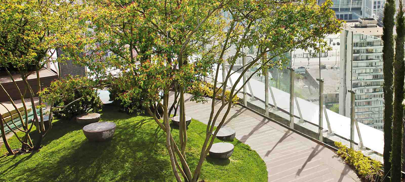 Dachgarten in der Großstadt mit Rasenfläche, Bäumen und Gehbelagsflächen aus Holz