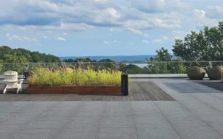 Dachterrasse mit Liegestuhl und Ziergräsern